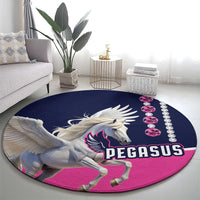 Round navy rug featuring Pegasus horse graphic, pink accents and diamond-style dots