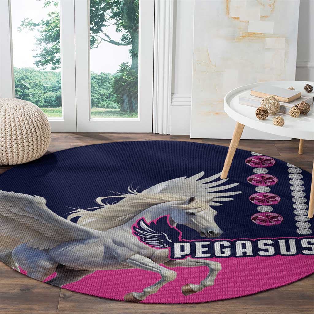 Round navy rug with large Pegasus print, pink base and gem-circle detail