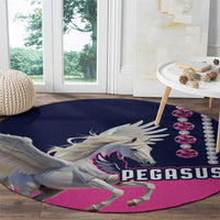 Round navy rug with large Pegasus print, pink base and gem-circle detail