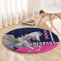 Round Pegasus rug with navy field, pink panel, winged horse graphic and gem row
