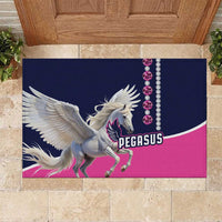 Pegasus racing doormat in dark blue and pink with winged horse and rhinestone chain