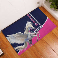 Pegasus racing doormat in hallway, dark blue and pink with winged horse and bead chain