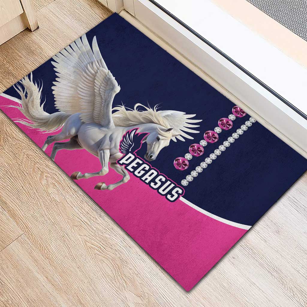 Pegasus racing doormat corner view, dark blue and pink with winged horse and bead chain