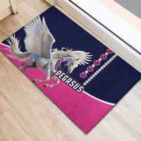 Pegasus racing doormat corner view, dark blue and pink with winged horse and bead chain
