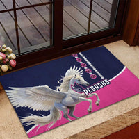 Pegasus racing doormat by the door, dark blue and pink winged horse with rhinestone trim