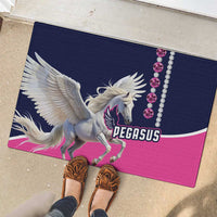 Pegasus racing doormat on doorstep, dark blue and pink with winged horse and bead accents