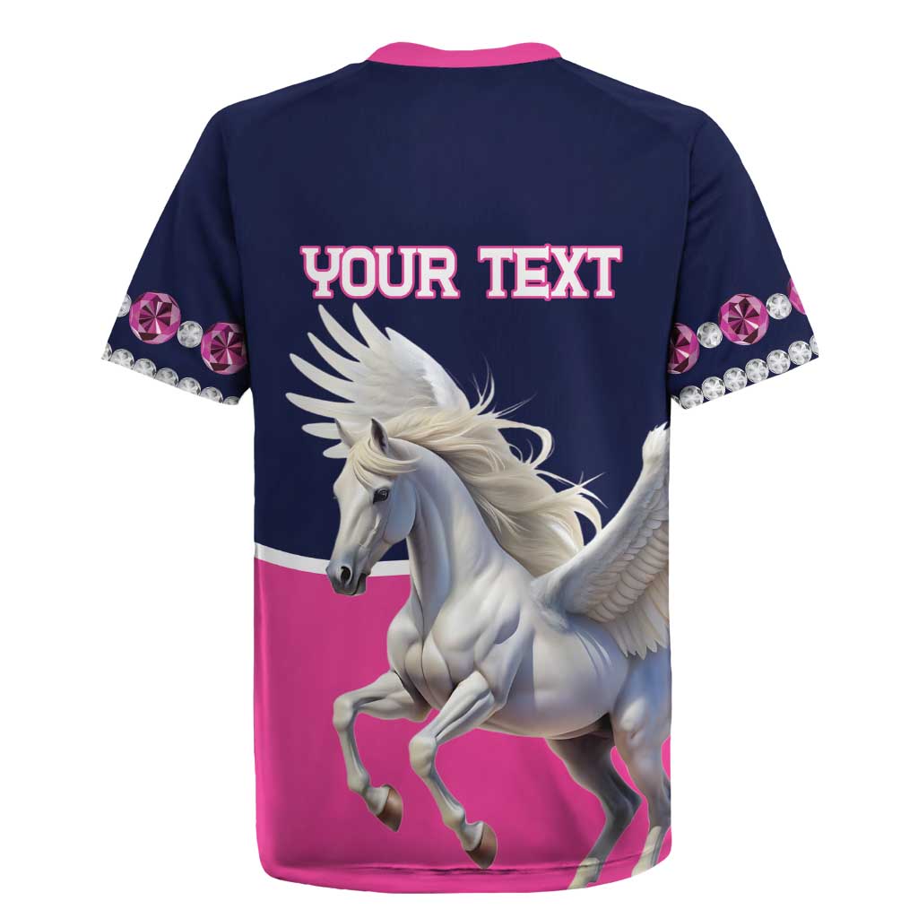 Back view navy pegasus rugby jersey with 'YOUR TEXT' and winged horse graphic