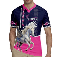 Navy and pink pegasus rugby jersey with rhinestone trim and winged horse graphic on chest