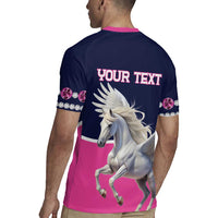 Navy and pink pegasus rugby jersey back with 'YOUR TEXT' and winged horse graphic