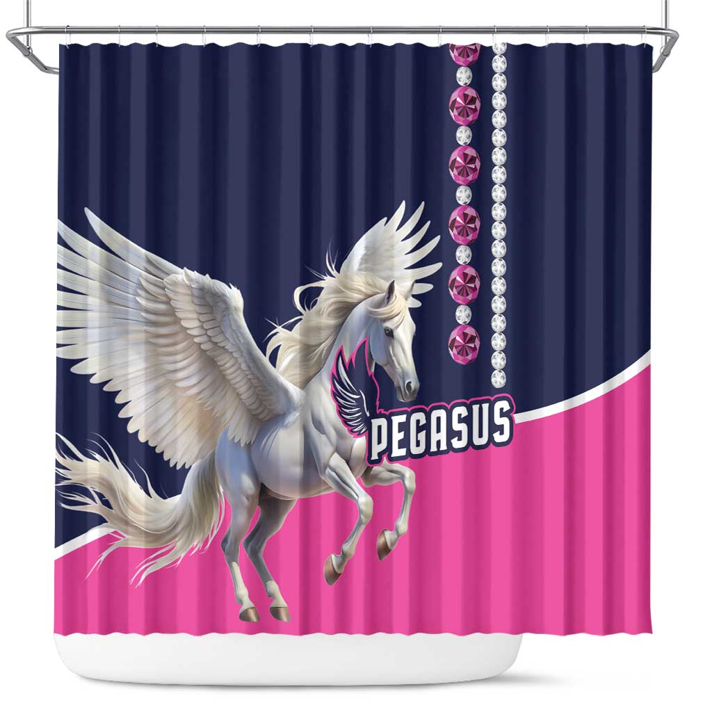 Pegasus shower curtain with navy and pink fabric, white winged horse graphic, rhinestone trim