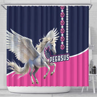 Pegasus shower curtain with navy and pink stripes, winged horse art, pearl/rhinestone bead row