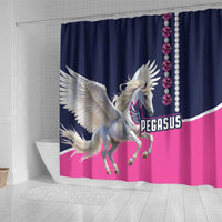 Pegasus shower curtain with winged white horse graphic, navy top and pink bottom, beaded trim