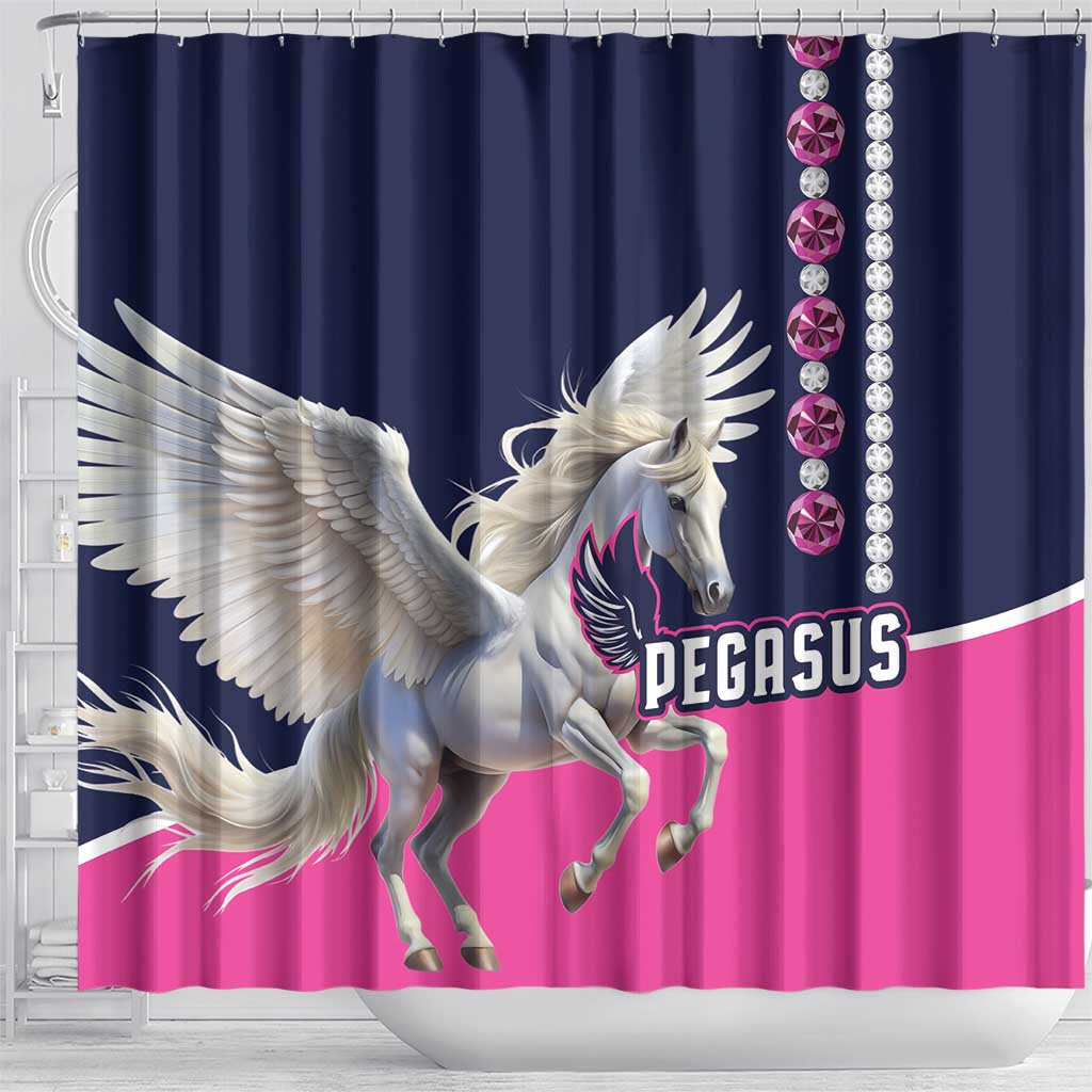 Pegasus shower curtain with large winged horse and PEGASUS text, navy and pink panels