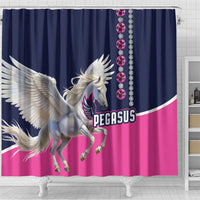Pegasus shower curtain with winged white horse and PEGASUS print, navy top, pink panel, bead trim