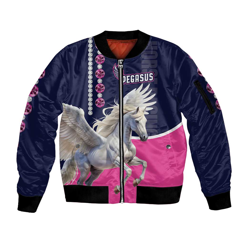 Unisex zip bomber jacket, navy and pink, with white pegasus graphic and rhinestone trim