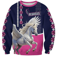 Navy crewneck sweatshirt with pink trim, Pegasus horse graphic, rhinestone-style accents