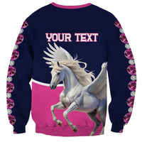 Navy crewneck sweatshirt with pink trim, Pegasus horse graphic and 'YOUR TEXT' on back