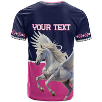 Pink and dark blue pegasus T-shirt with rhinestone sleeve trim and 'YOUR TEXT' back print