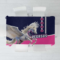 Pegasus tablecloth with navy and pink panels, Pegasus logo and gem-like border