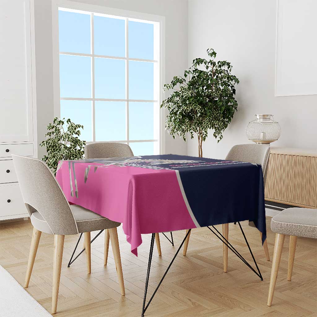 Tablecloth with navy side panel and pink center, Pegasus graphic over table