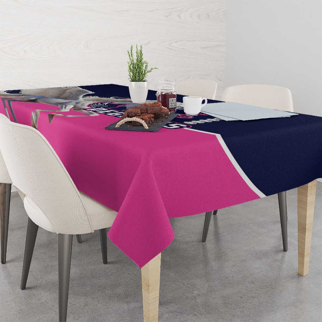 Navy and pink Pegasus tablecloth with draped front and graphic print