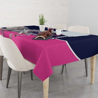 Navy and pink Pegasus tablecloth with draped front and graphic print