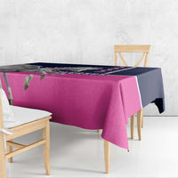 Square Pegasus tablecloth in pink and navy with bold front drape