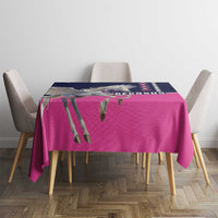 Rectangular Pegasus tablecloth, pink base with navy top band and winged graphic