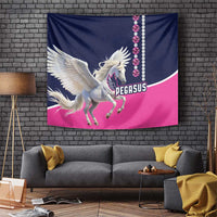Hanging Pegasus tapestry with white flying horse, PEGASUS text, and pink jewel chain on navy