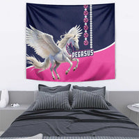 Pegasus tapestry: navy and pink, white Pegasus, PEGASUS logo, jewel-stone vertical chain