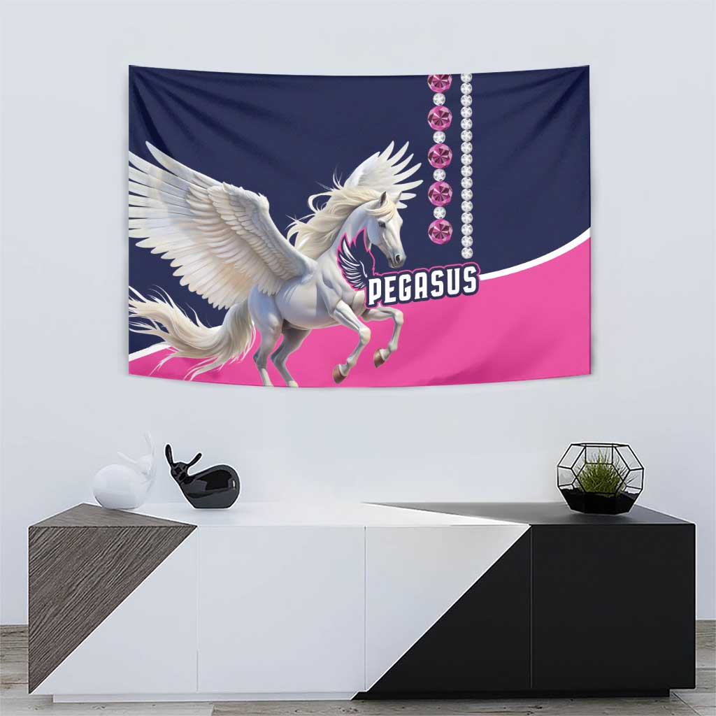 Pegasus tapestry banner with white Pegasus, PEGASUS logo, and rhinestone-style chain in pink