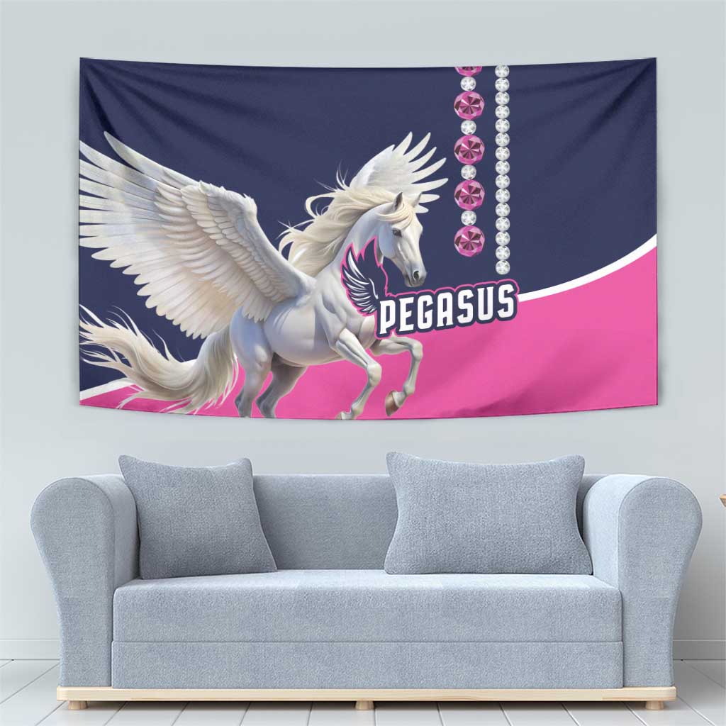 Pegasus wall tapestry: white Pegasus figure with PEGASUS text and jewel-stone vertical chain