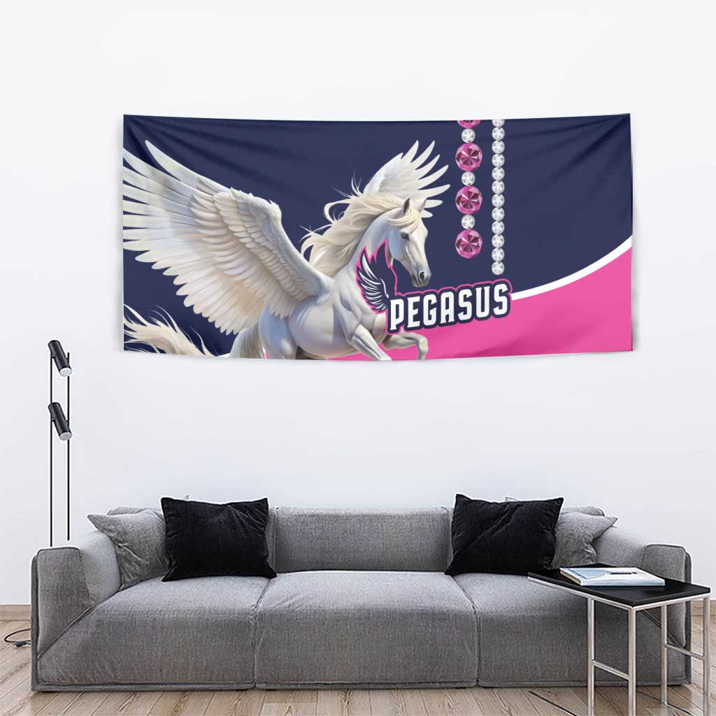 Hanging Pegasus tapestry with white Pegasus on navy and pink, PEGASUS text, jewel chain