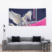 Hanging Pegasus tapestry with white Pegasus on navy and pink, PEGASUS text, jewel chain