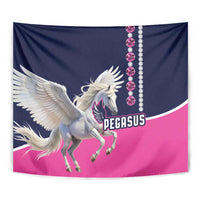 Close-up Pegasus tapestry with white horse, PEGASUS logo, and pink jewel chain on navy