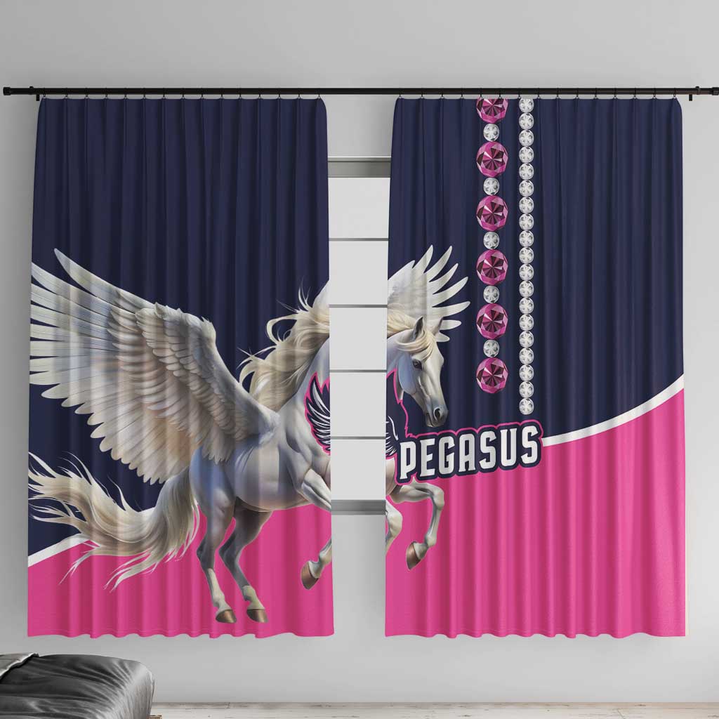 Pegasus window curtain set, navy and pink fabric with white horse print and bead gem trim