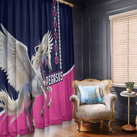 Pegasus window curtain panels, navy and pink with white horse artwork and hanging gem beads