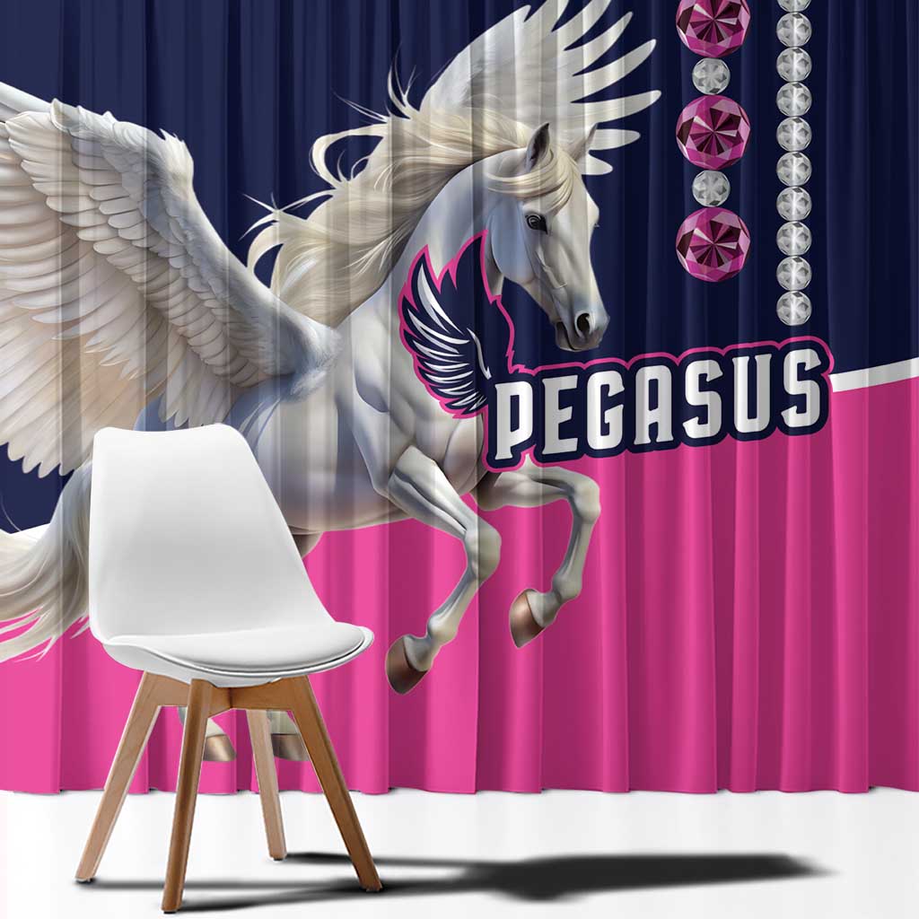 Pegasus window curtain with navy top stripe, pink lower panel, white horse graphic and gem trim