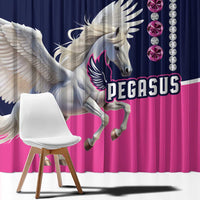 Pegasus window curtain with navy top stripe, pink lower panel, white horse graphic and gem trim