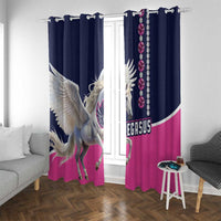 Pegasus window curtain panels, navy and pink fabric with white Pegasus horse and hanging gem beads