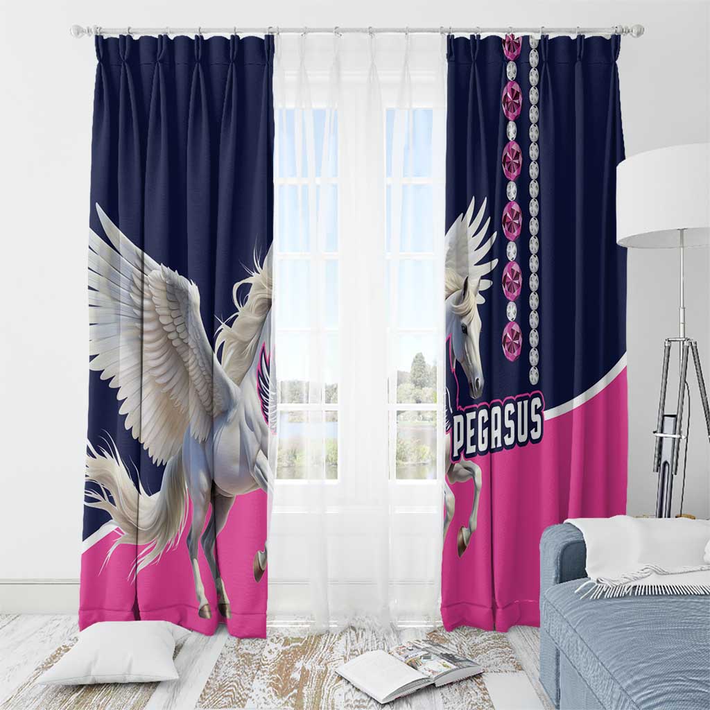 Pegasus window curtain panels, navy and pink with white Pegasus horse print and jewel bead accent