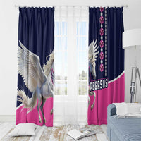 Pegasus window curtain panels, navy and pink with white Pegasus horse print and jewel bead accent