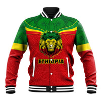 Red, green and yellow Ethiopia baseball jacket with lion graphic and 'ETHIOPIA' text