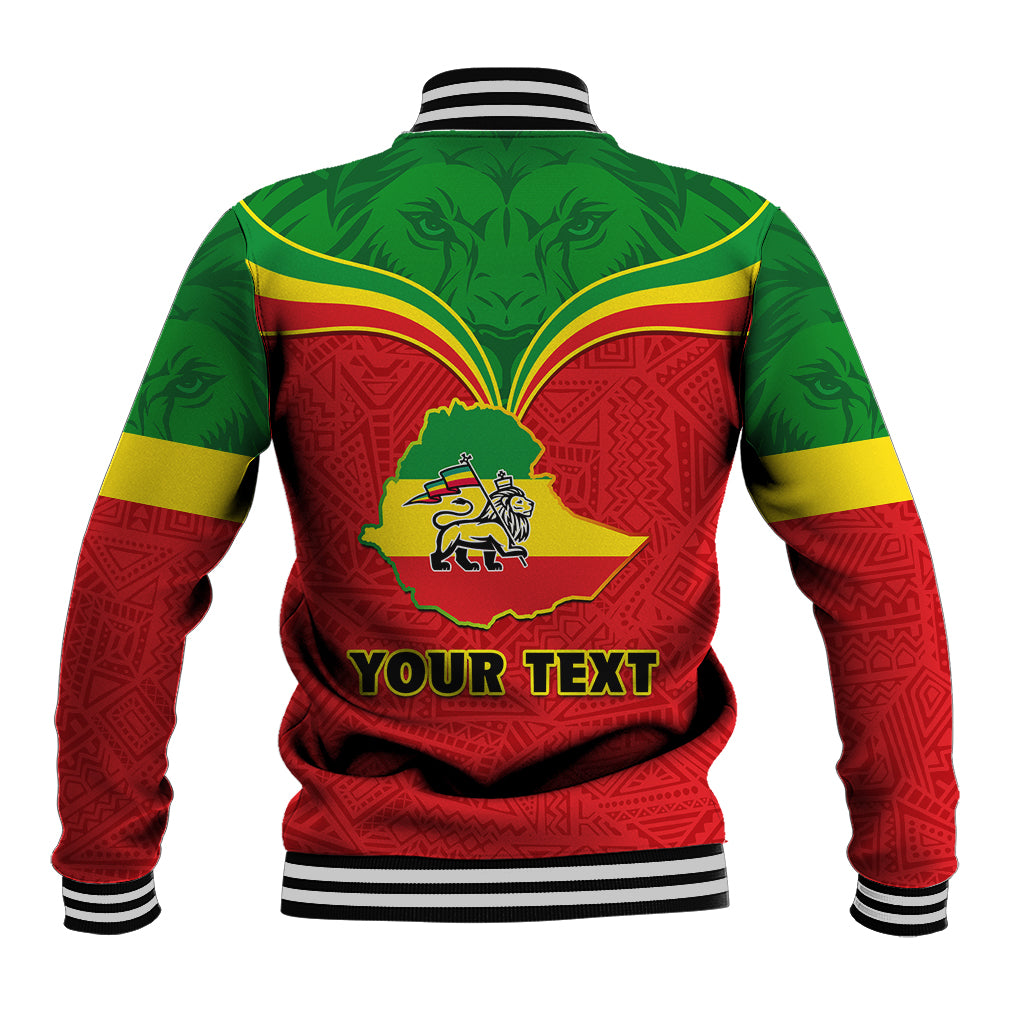 Green, red and yellow baseball jacket with lion crest and 'YOUR TEXT' on back