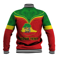 Green, red and yellow baseball jacket with lion crest and 'YOUR TEXT' on back