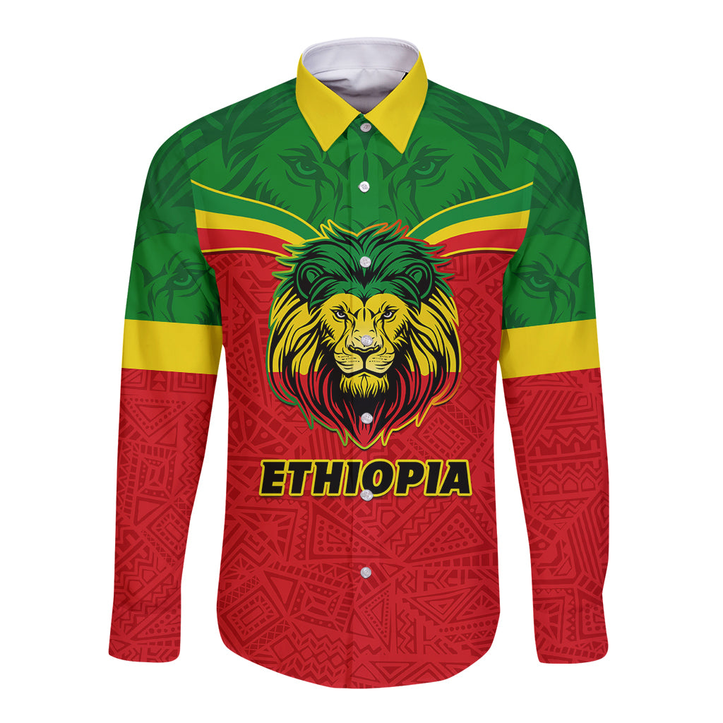 Green, yellow, red long-sleeve button shirt with lion front graphic and 'ETHIOPIA'