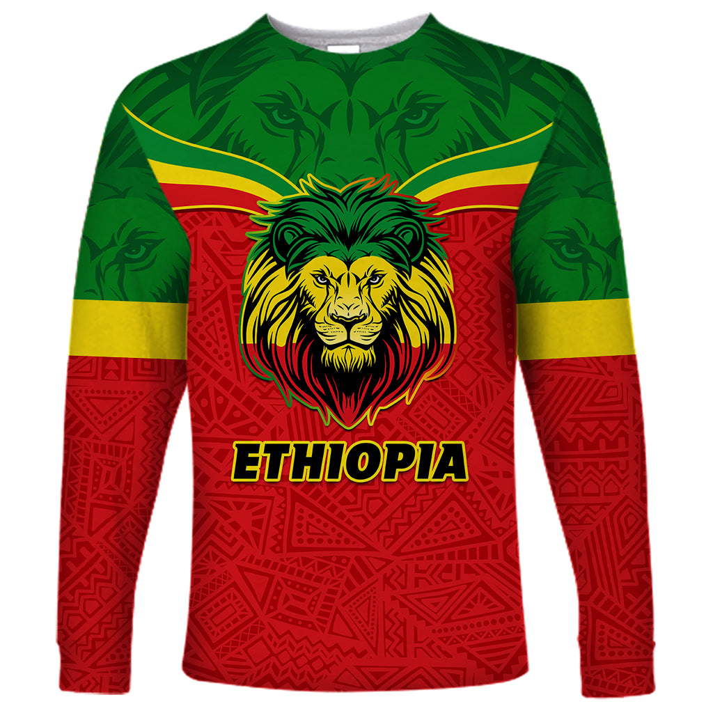 Personalised Ethiopia Long Sleeve Shirt Lion Of Judah Flag Style Special Version - Wonder Print Shop