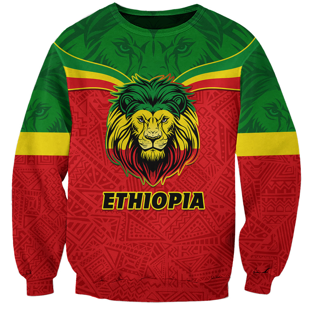 Unisex red, green and yellow sweatshirt with lion graphic and ETHIOPIA text.