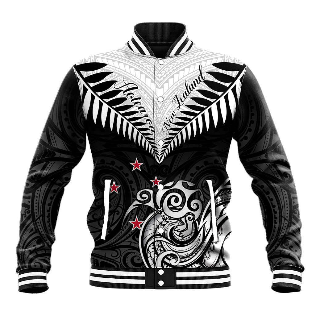 New Zealand baseball jacket, black with white Maori-style graphic and red stars