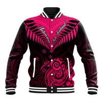 Pink and black tribal-pattern baseball jacket with snap buttons, striped collar, cuffs